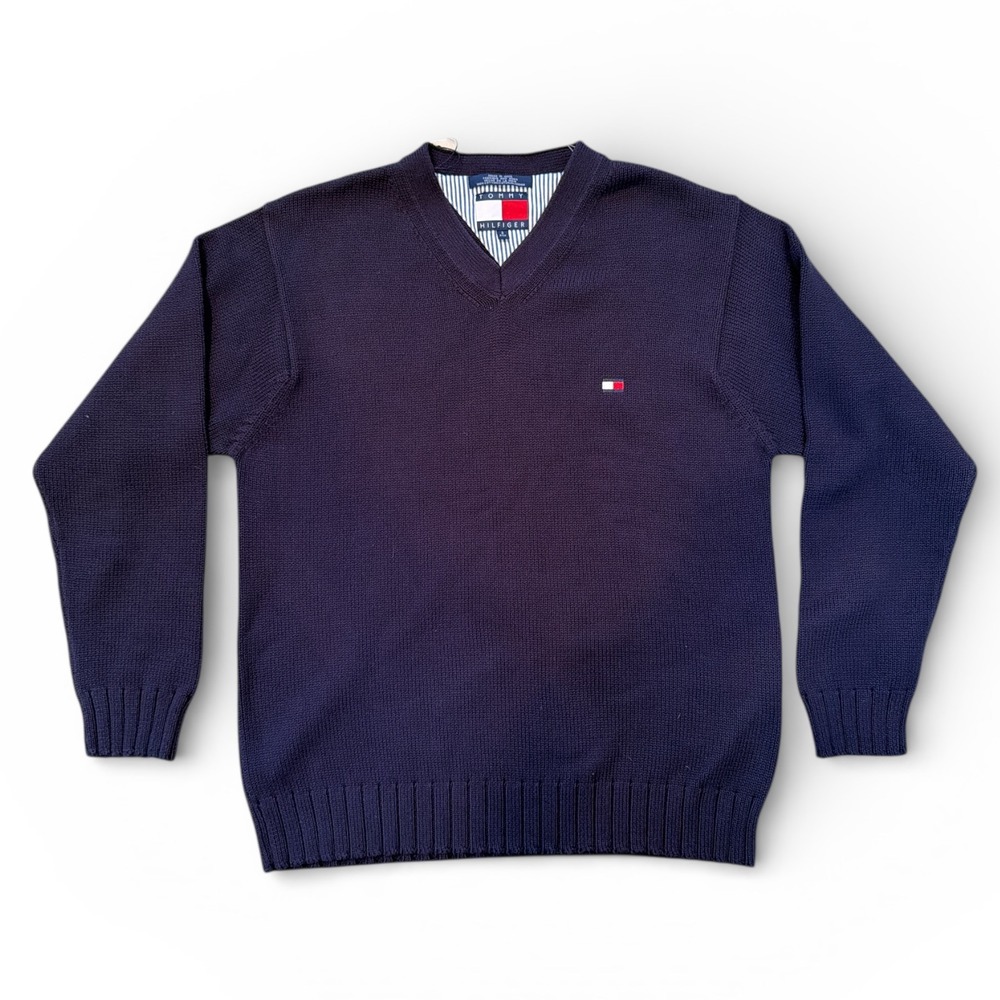 Tommy Hilfiger Cotton V Neck Sweater, Navy Blue, Size Small